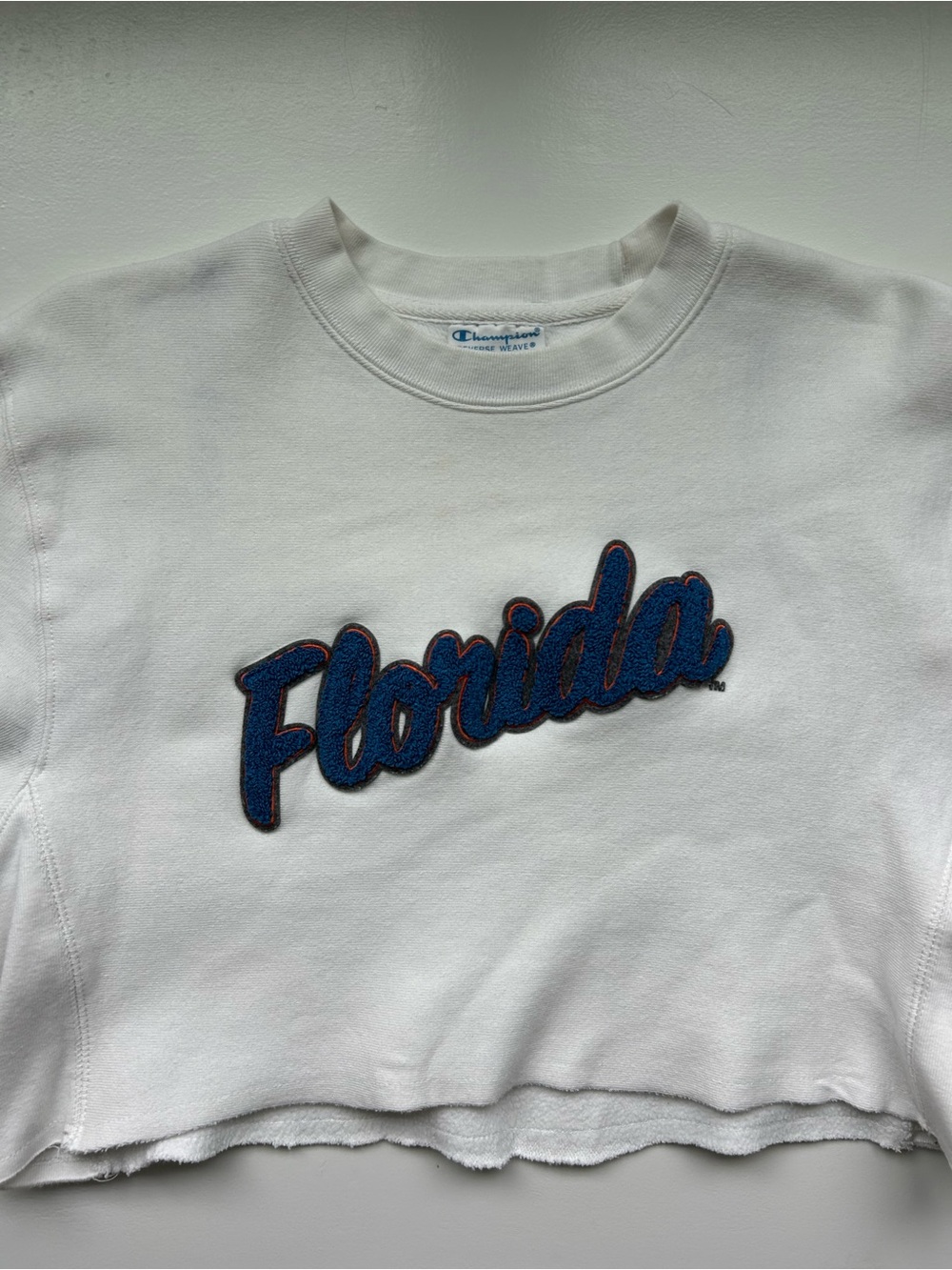 Champion White Cropped Sweatshirt with Blue 'Florida' Patch